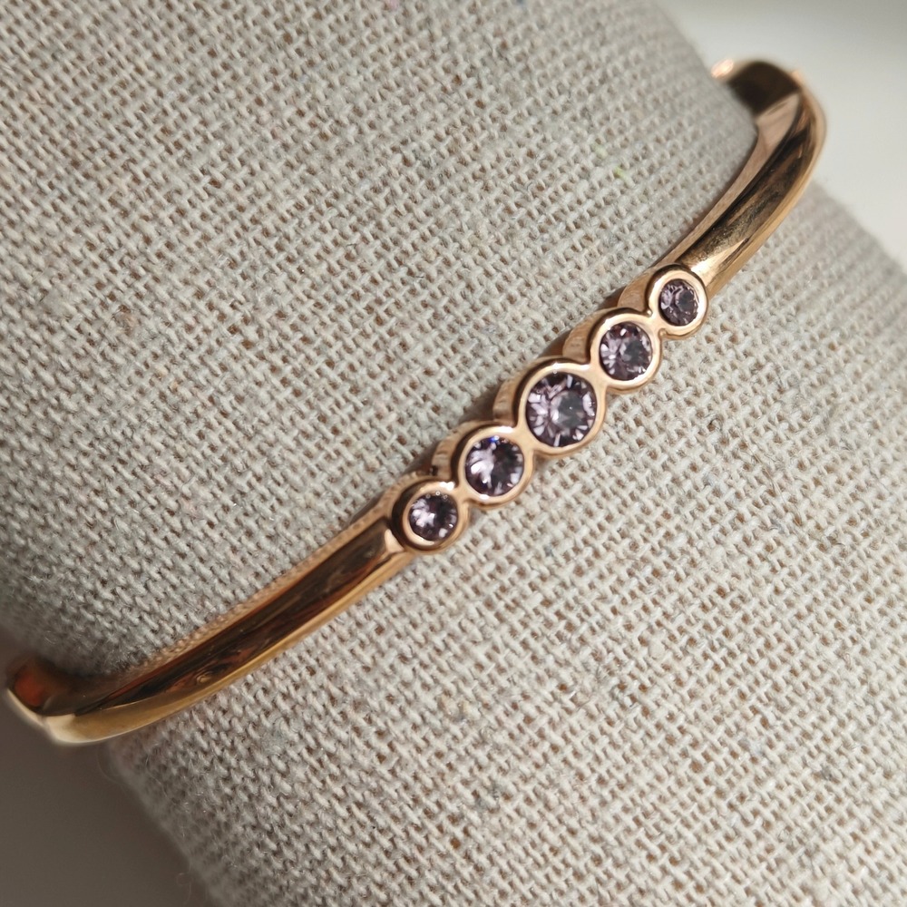 Rose Gold Tone Purple Lavender Crystal Bangle Bracelet Bezel‎ Set Hinged Dainty